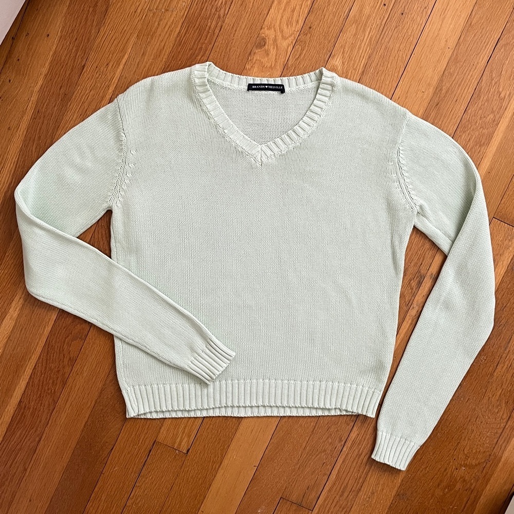 Brandy Melville Spring Green Made in Italy Cotton V-Neck Boxy Crop Sweater